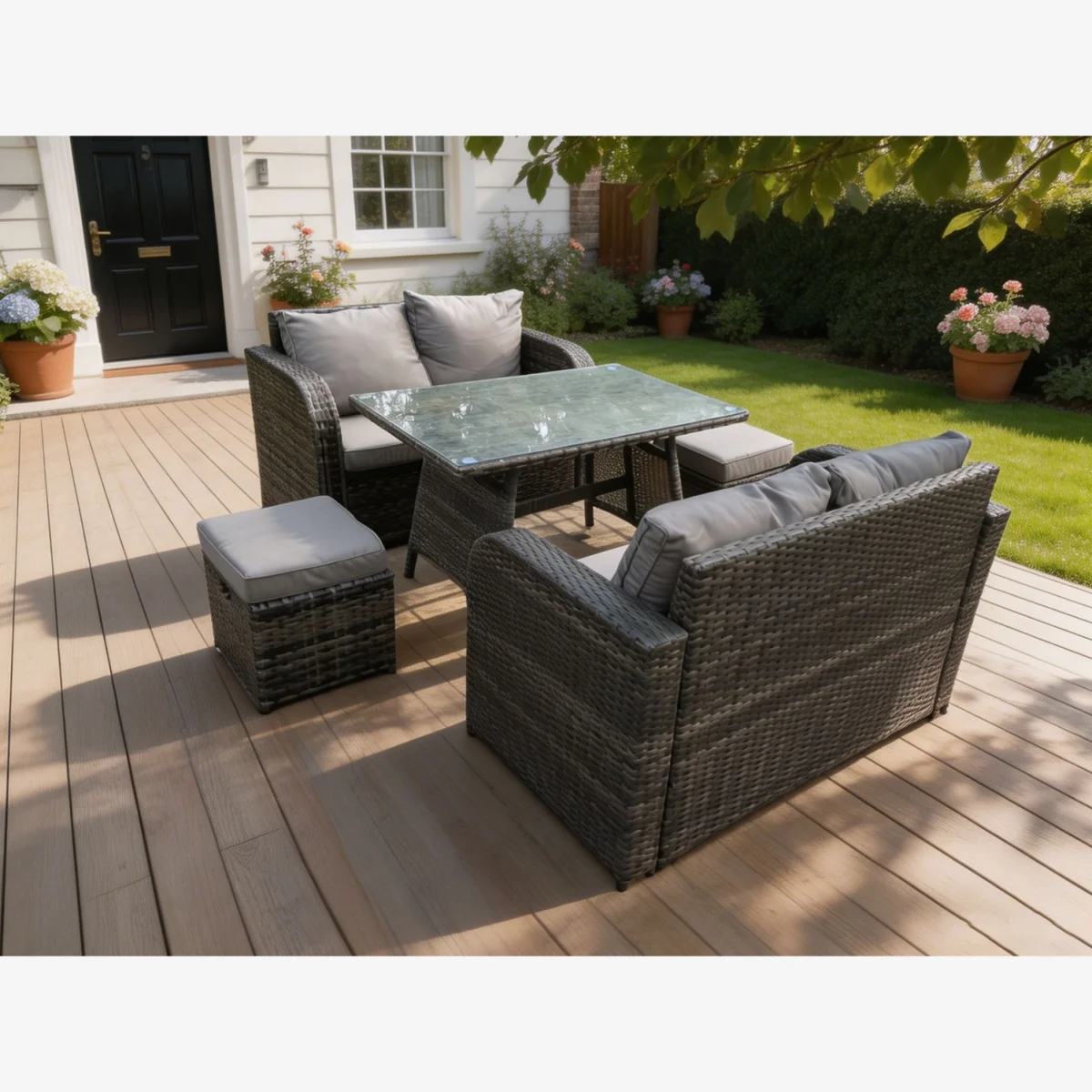 Rattan Garden Furniture Set Love Sofa Sofa Oblong Dining Table - Dark Grey Mixed – image 1