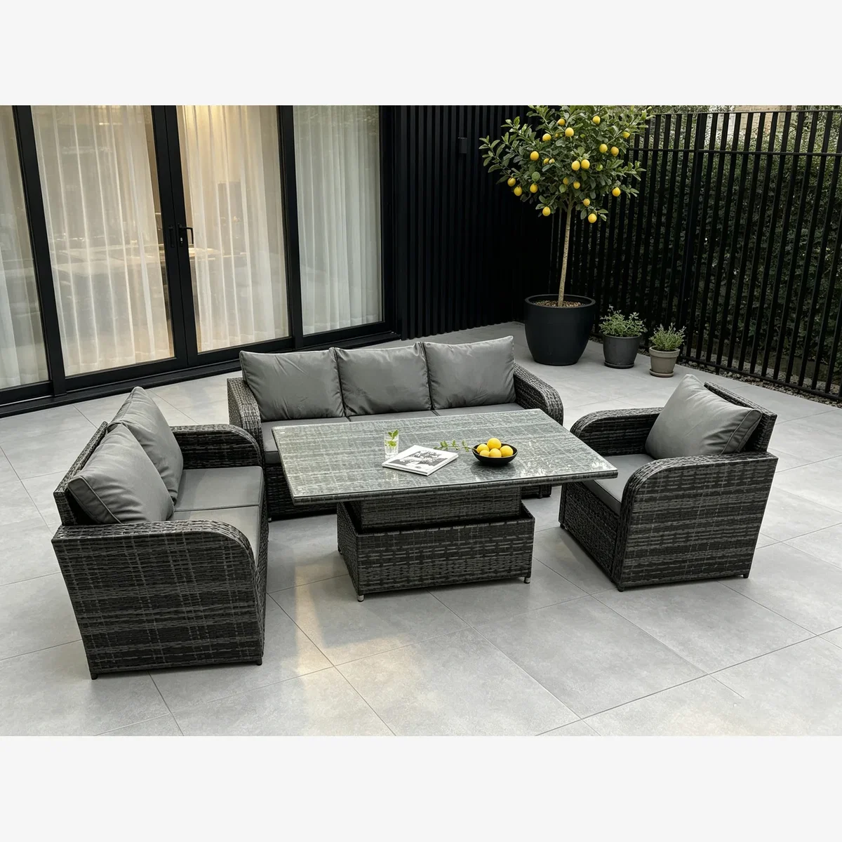 Fimous Rattan Garden Furniture Set Lift Table Reclining Sofa Loveseat - Dark Grey