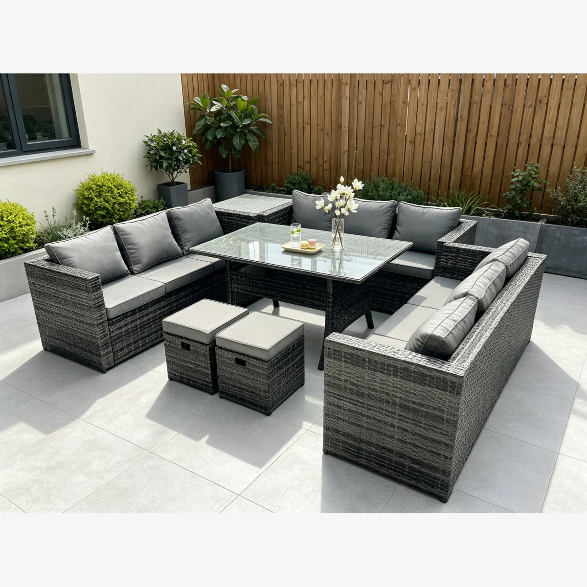 Fimous Rattan Garden Sofa Table 11 Seat 2 Footstool Side Table - Dark Grey