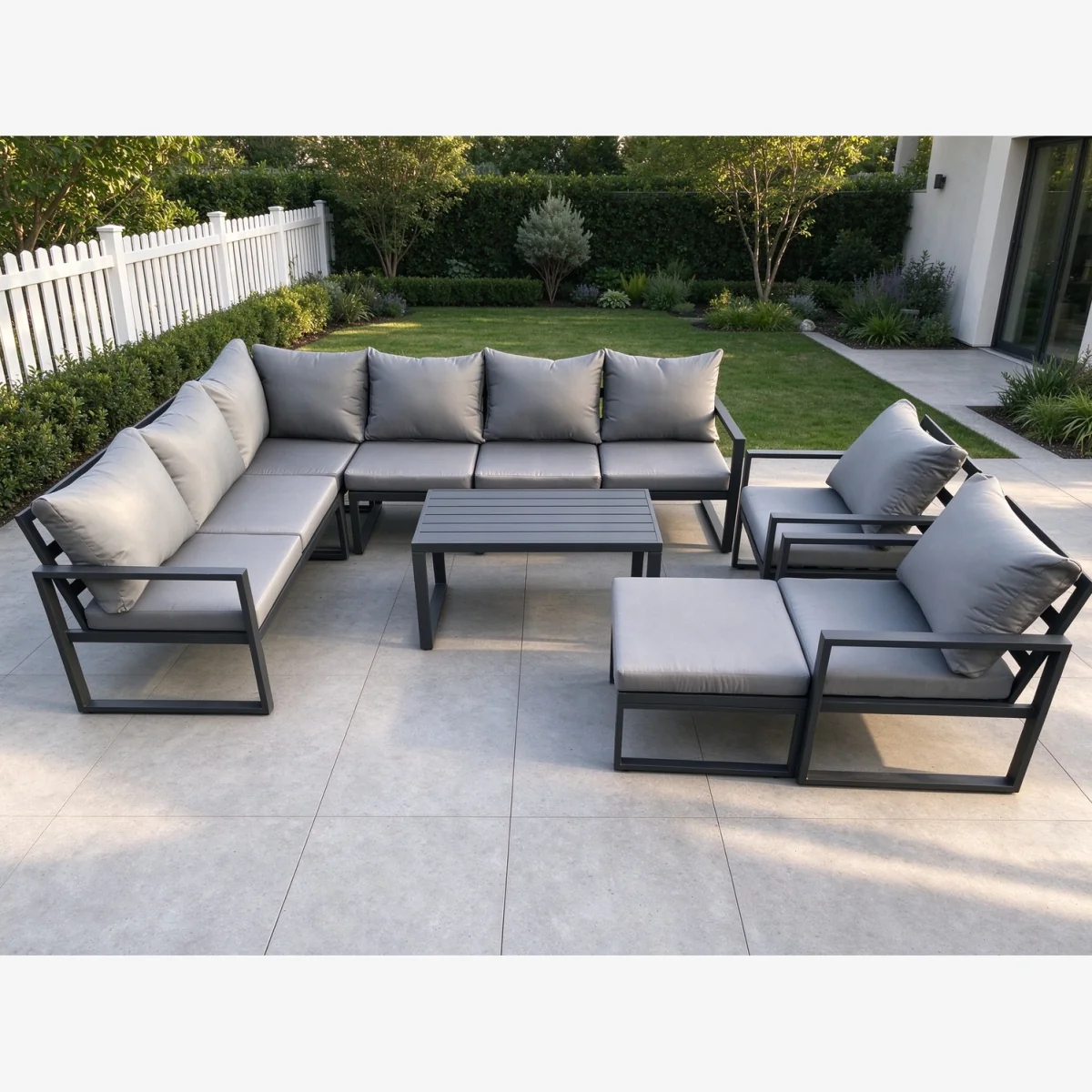 Aluminium Garden Furniture Set, Corner Sofa with 2 Chairs, Oblong Coffee Table & Footstool