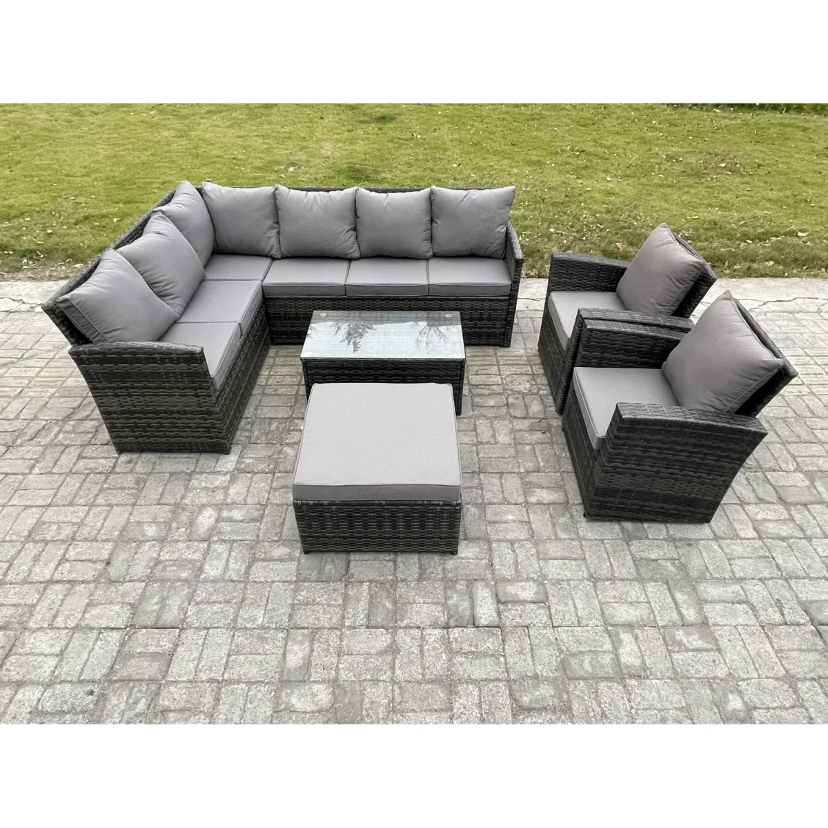 Fimous 9-Seater Rattan Garden Furniture Set with High-Back Corner Sofa and Tempered Glass Table. - Dark grey mixed rattan with dark grey fabric – image 5