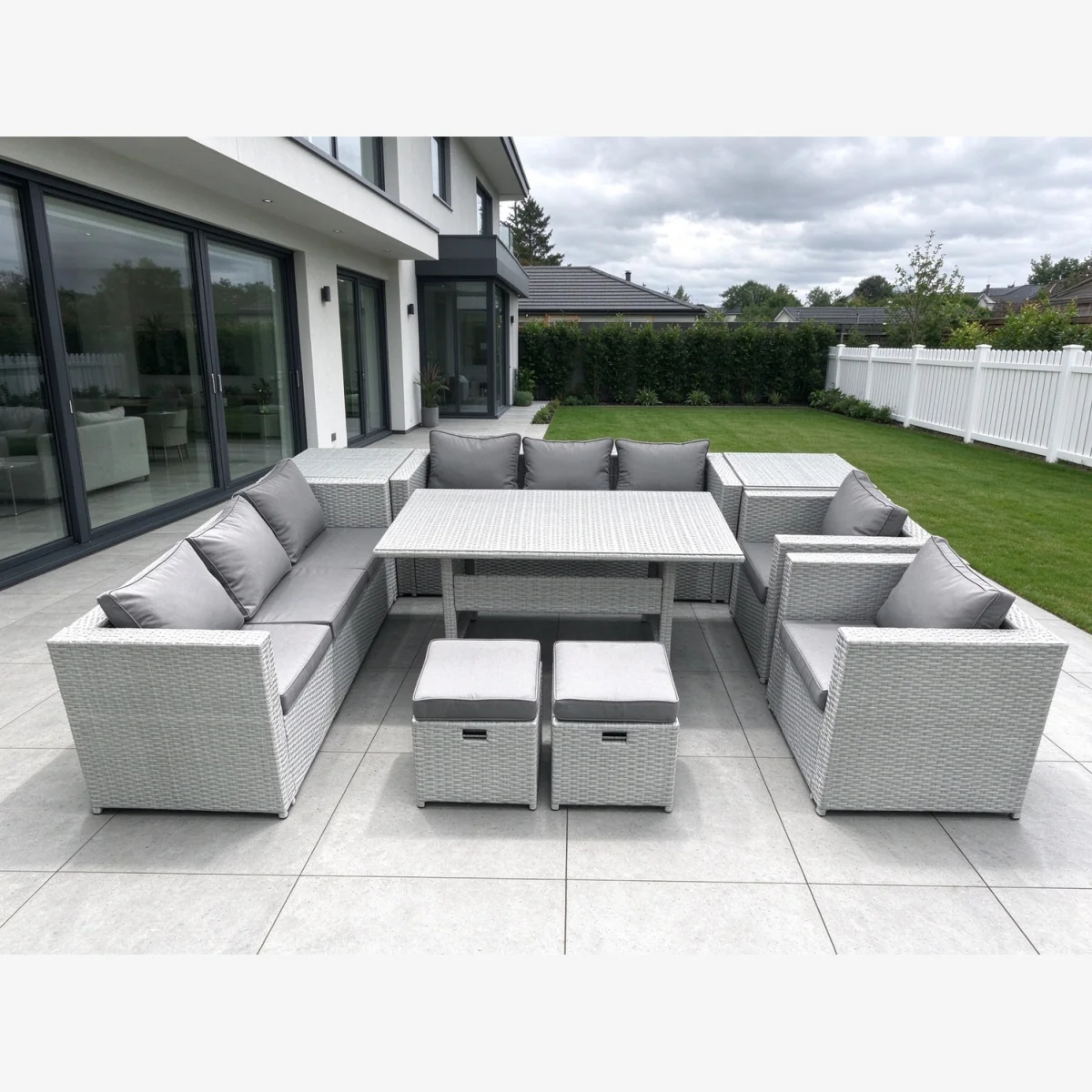 Fimous 8-Seater Rattan Garden Furniture Set with Dining Table, Sofas and Stools