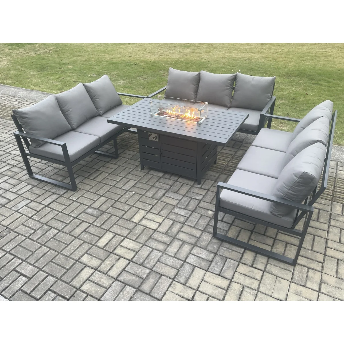 Fimous Aluminium 9 Seater Outdoor Sofa and Gas Fire Pit Dining Set, Dark Grey - Dark Grey – image 2