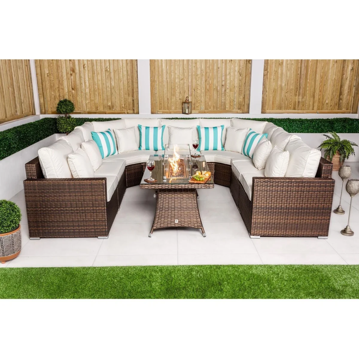 Santorini Modular Sofa Rattan Garden Furniture Set with Fire Pit Table - Brown – image 11