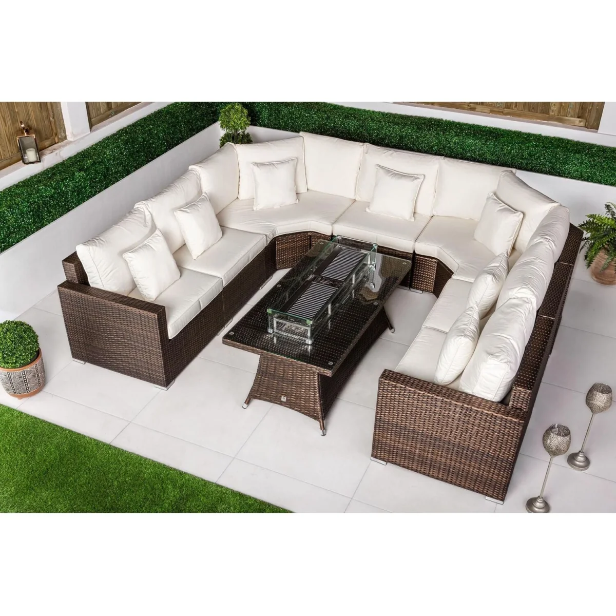 Santorini Modular Sofa Rattan Garden Furniture Set with Fire Pit Table - Brown – image 13
