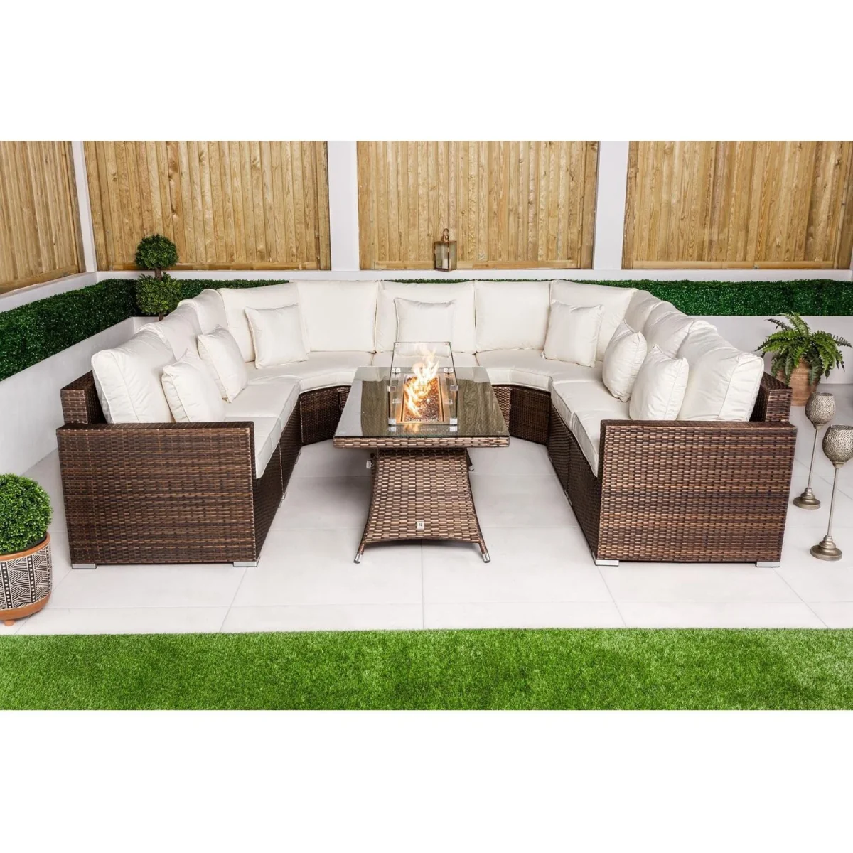 Santorini Modular Sofa Rattan Garden Furniture Set with Fire Pit Table - Brown – image 14