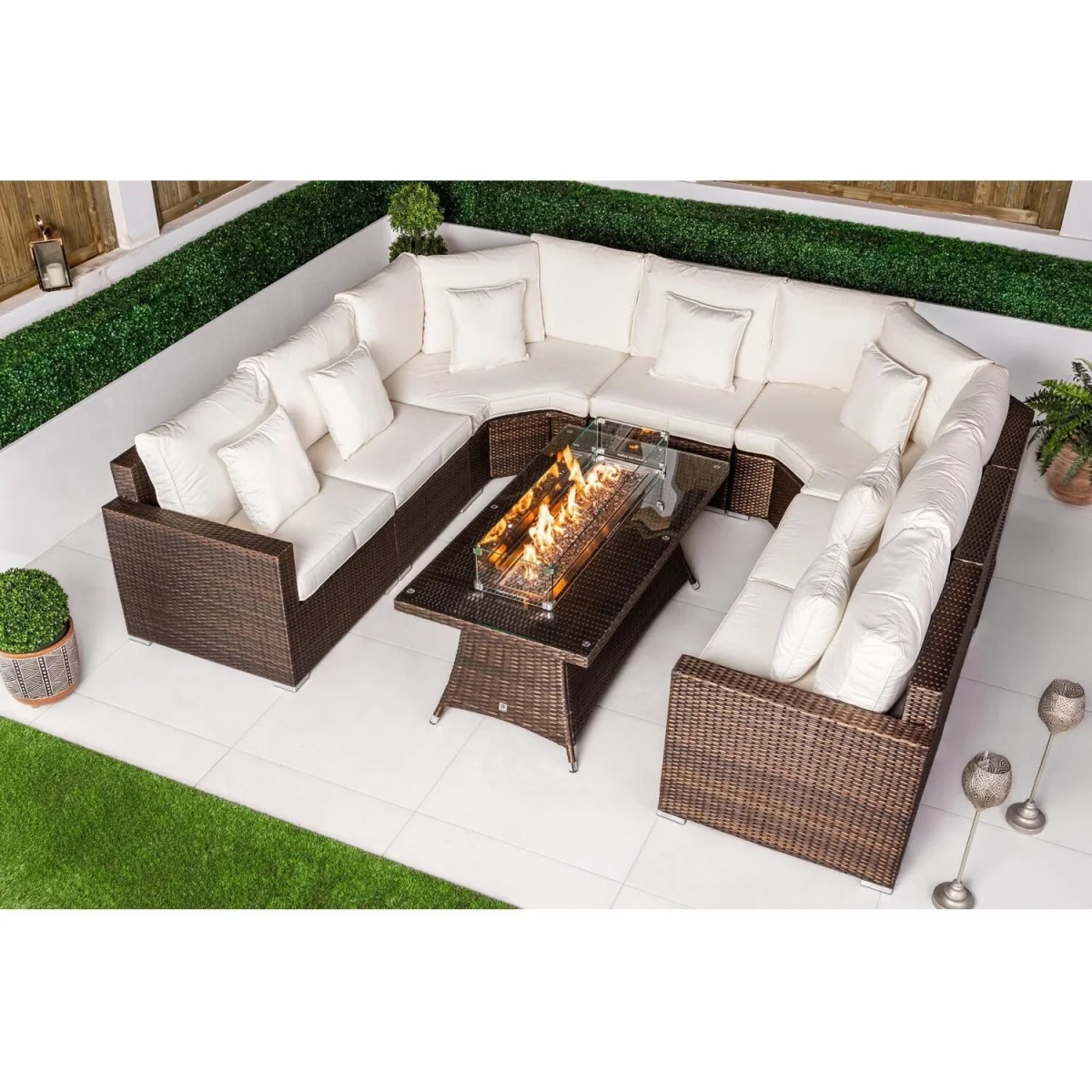 Santorini Modular Sofa Rattan Garden Furniture Set with Fire Pit Table - Brown – image 9