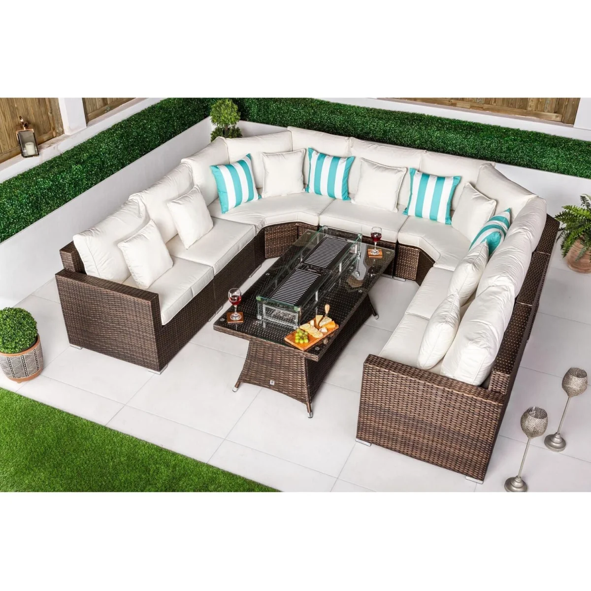 Santorini Modular Sofa Rattan Garden Furniture Set with Fire Pit Table - Brown – image 10