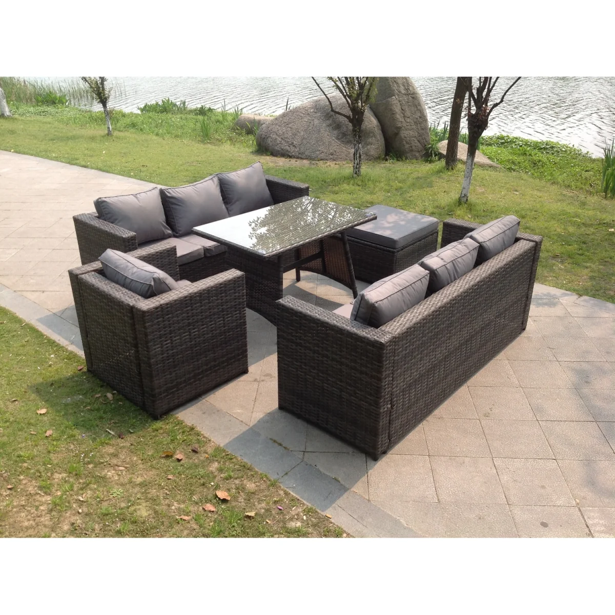 8 Seater Rattan Sofa Dining Set Table Garden Furniture Outdoor - Dark Grey Mixed – image 2