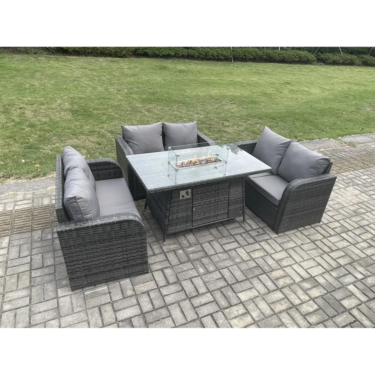 Fimous Rattan Outdoor Sofa & Gas Fire Pit Dining Set, Dark Grey Mixed. - Dark Grey – image 2