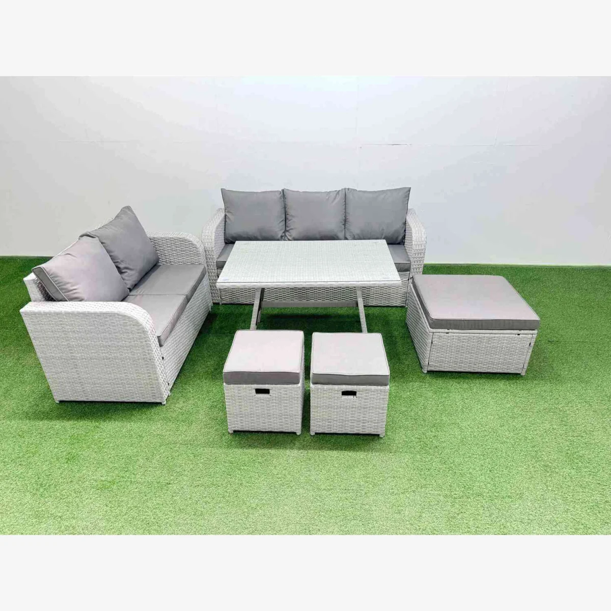 Fimous Outdoor 8-Seater PE Rattan Sofa and Dining Set in Light Grey. - Light grey rattan + dark grey fabric – image 1
