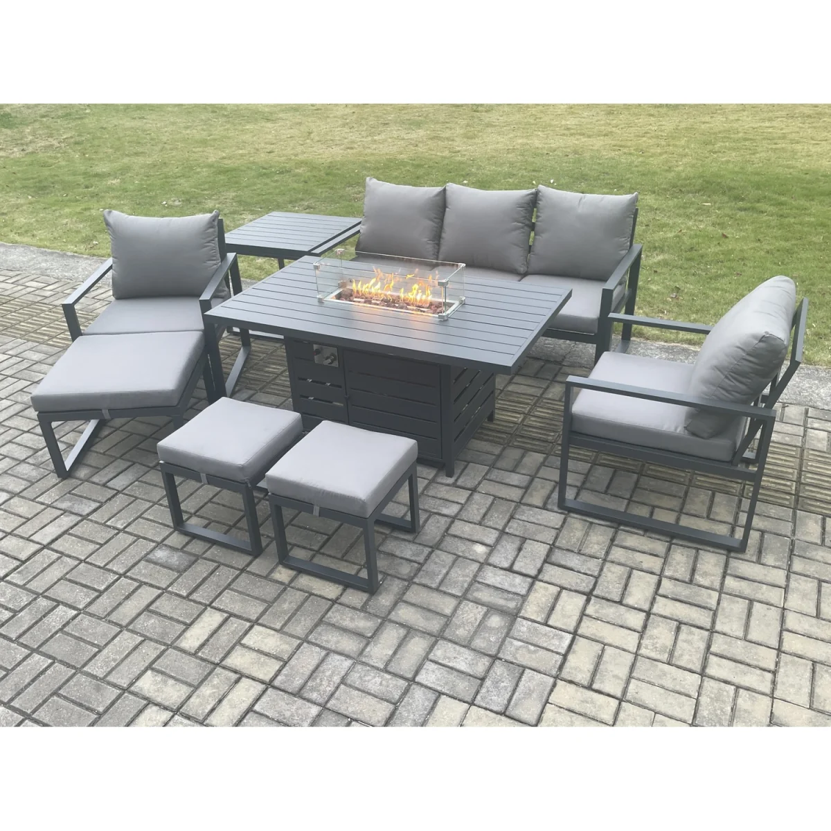 Fimous 8-Seat Aluminium Outdoor Sofa & Gas Fire Pit Dining Table Set Dark Grey. - Dark Grey – image 5