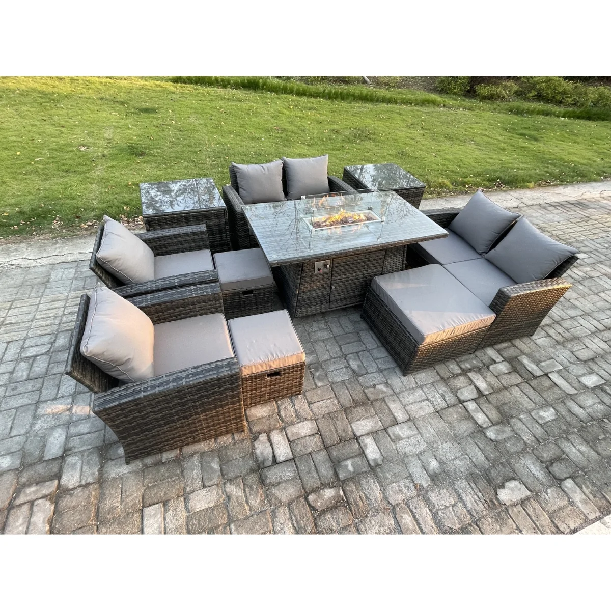 Fimous Outdoor 10-Piece Wicker Rattan Garden Sofa and Gas Firepit Dining Set. - Dark grey mixed rattan with dark grey fabric – image 3