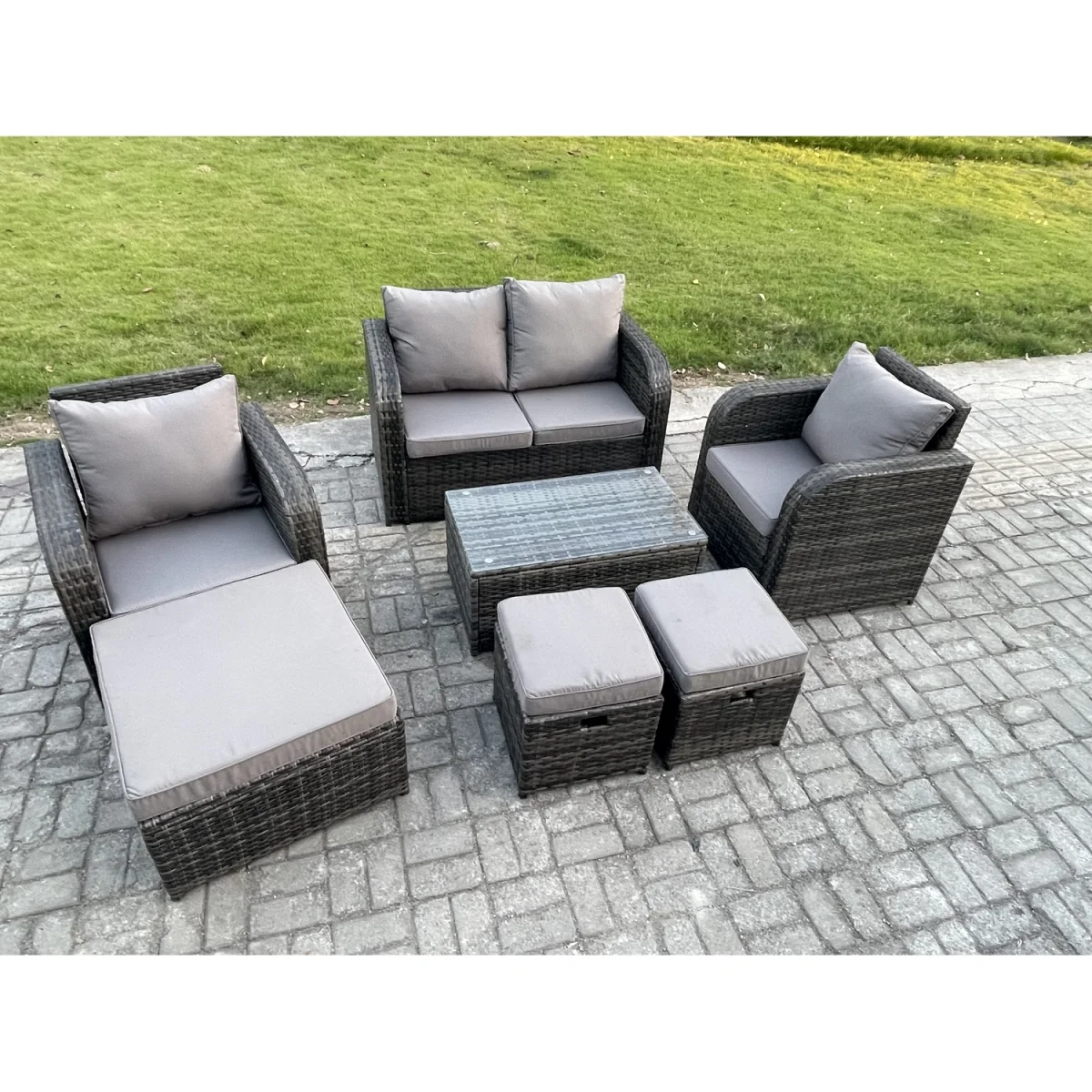 Fimous PE Rattan Outdoor Set: Love Sofa, 2 Recliners, 3 Footstools, Coffee Table - Dark grey mixed rattan with dark grey fabric – image 5