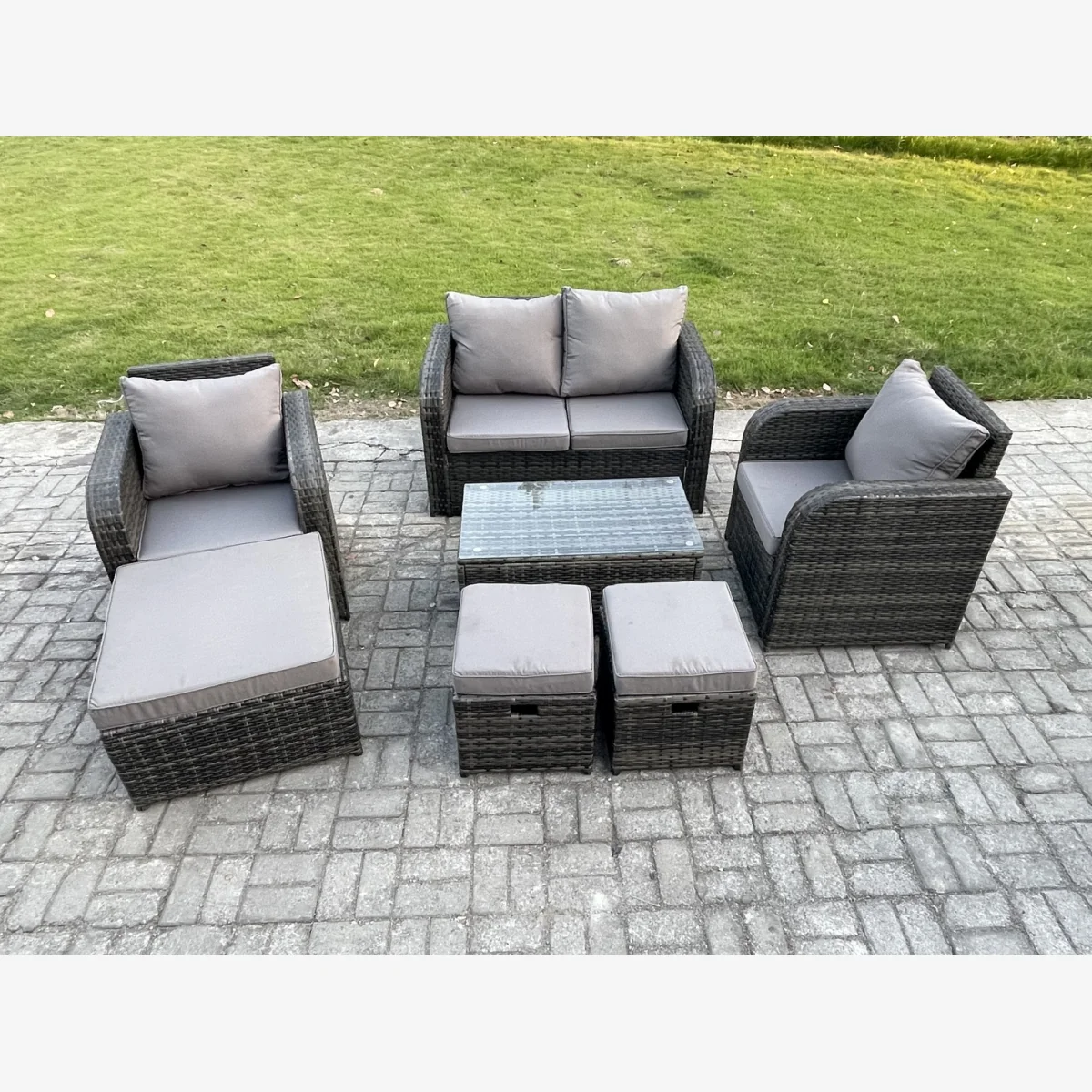 Fimous PE Rattan Outdoor Set: Love Sofa, 2 Recliners, 3 Footstools, Coffee Table - Dark grey mixed rattan with dark grey fabric – image 1