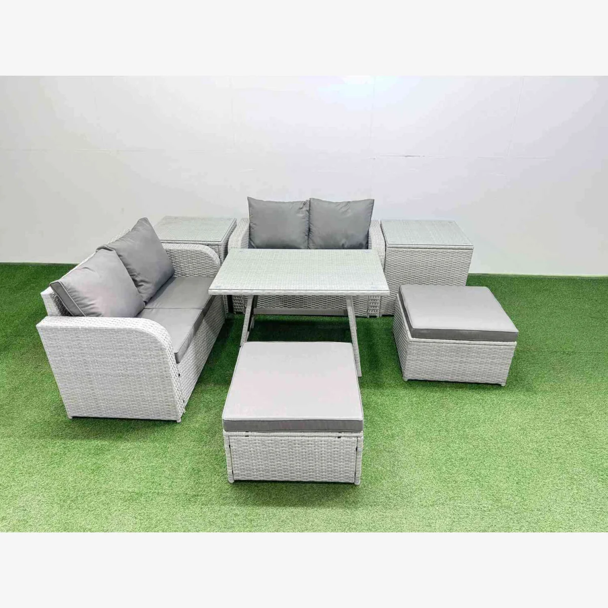 Fimous 6 Seater Outdoor PE Rattan Sofa and Dining Set in Light Grey. - Light Grey – image 1