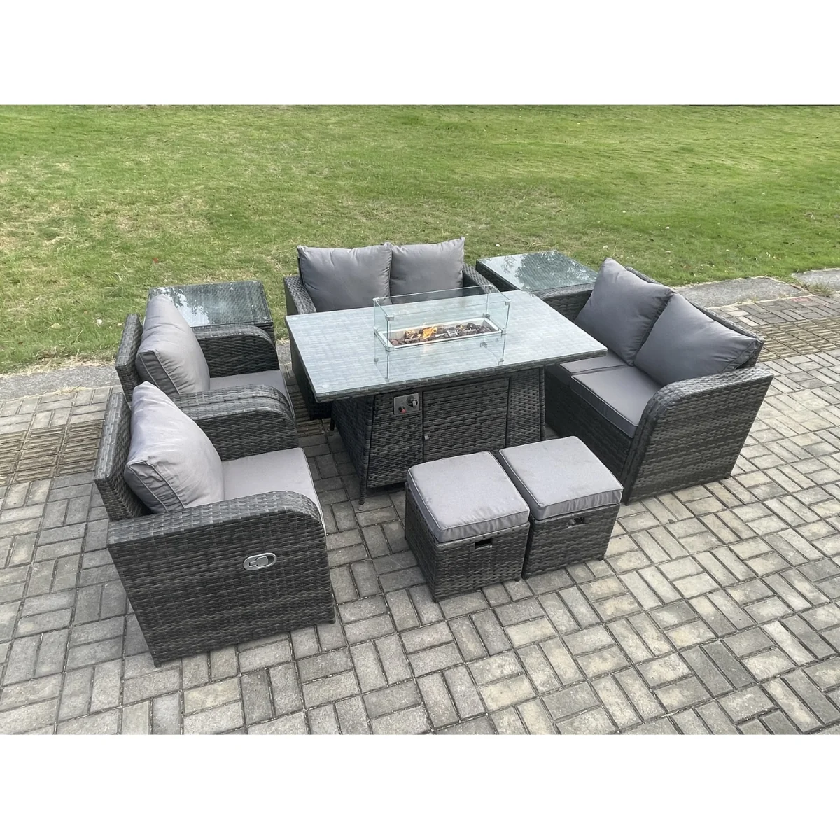 Fimous 8 Seater Rattan Garden Furniture Set with Propane Gas Fire Pit Table and Sofa Chairs - Dark Grey – image 2