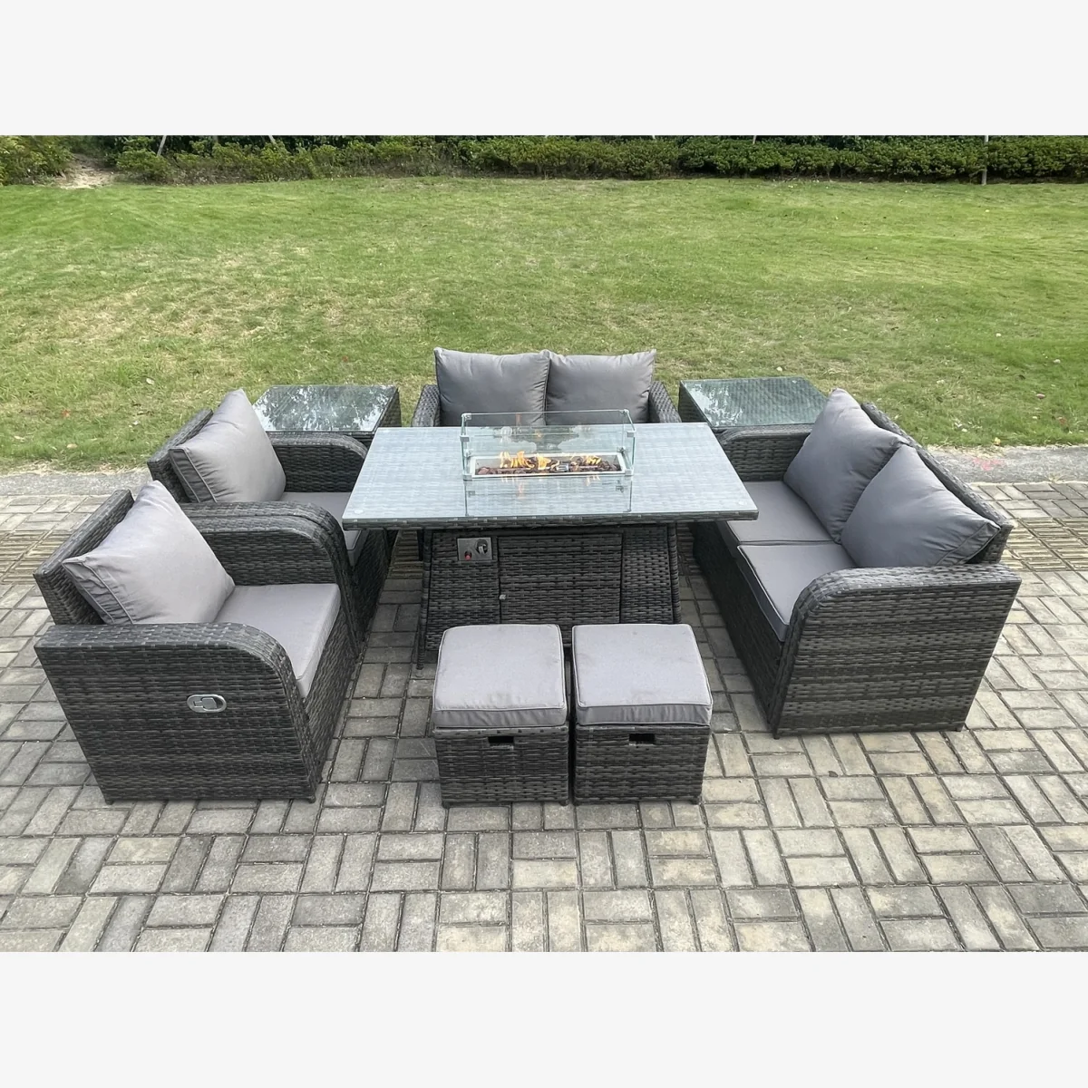 Fimous 8 Seater Rattan Garden Furniture Set with Propane Gas Fire Pit Table and Sofa Chairs - Dark Grey – image 1
