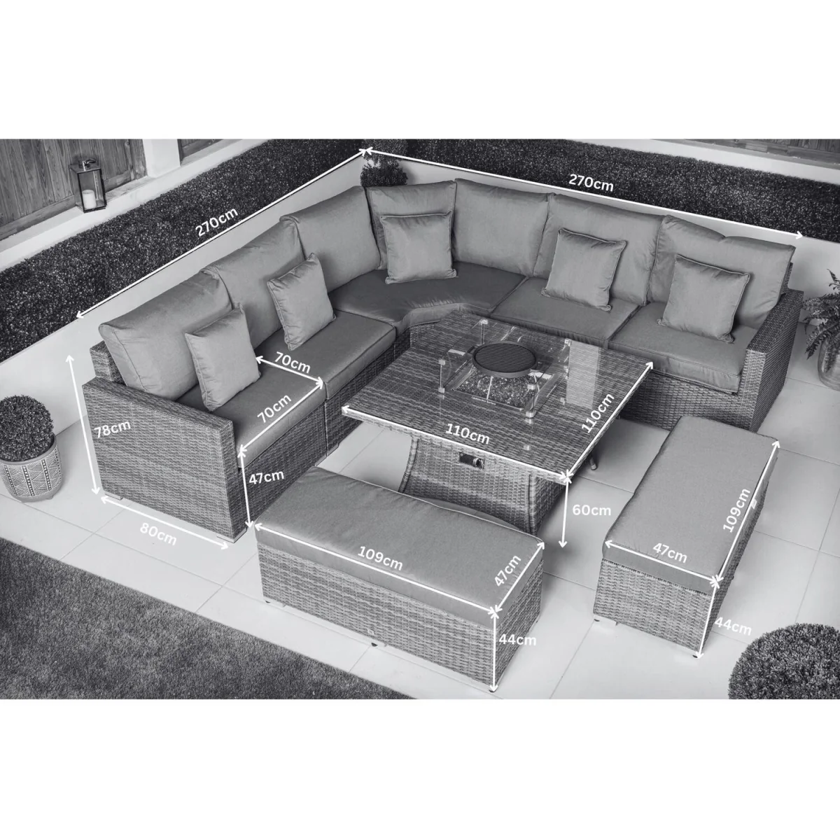 Santorini Corner Sofa Rattan Garden Furniture Set Fire Pit Table Bench - Grey – image 2