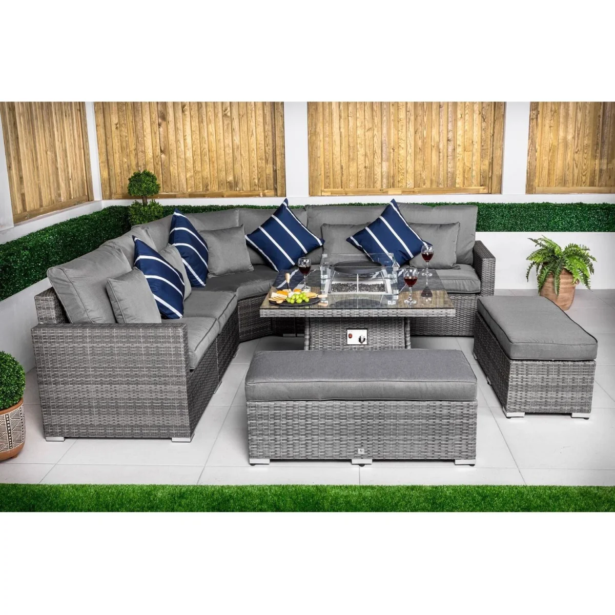 Santorini Corner Sofa Rattan Garden Furniture Set Fire Pit Table Bench - Grey – image 11