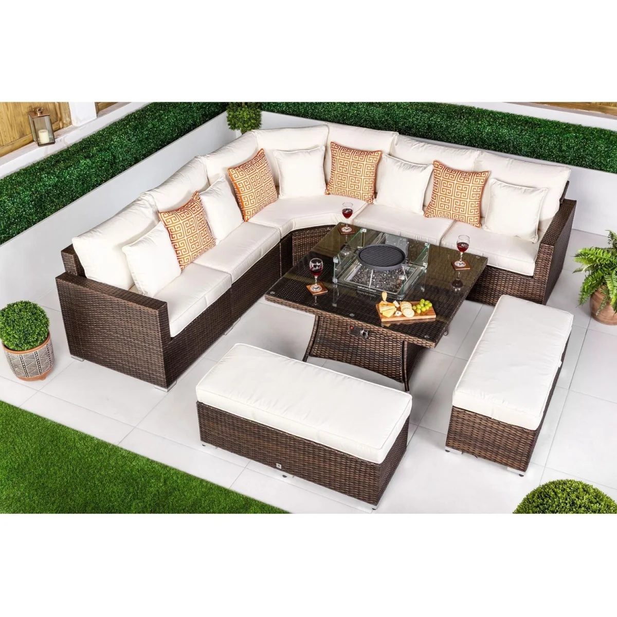 Santorini Corner Sofa Rattan Garden Furniture Set Fire Pit Table Bench - Grey – image 3