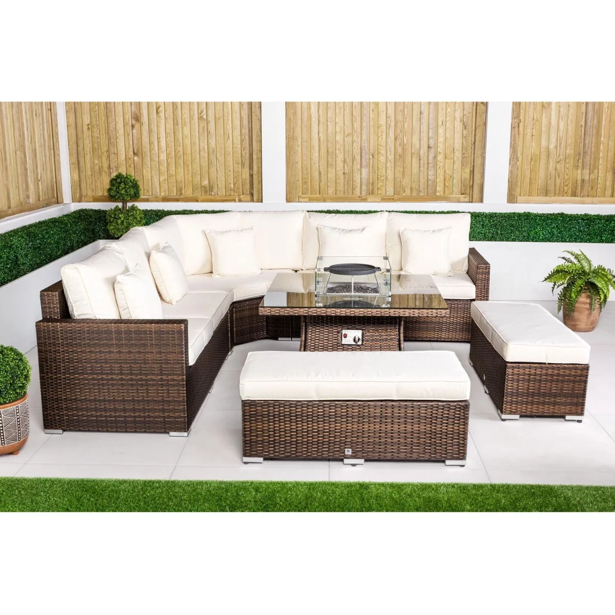 Santorini Corner Sofa Rattan Garden Furniture Set Fire Pit Table Bench - Grey – image 7