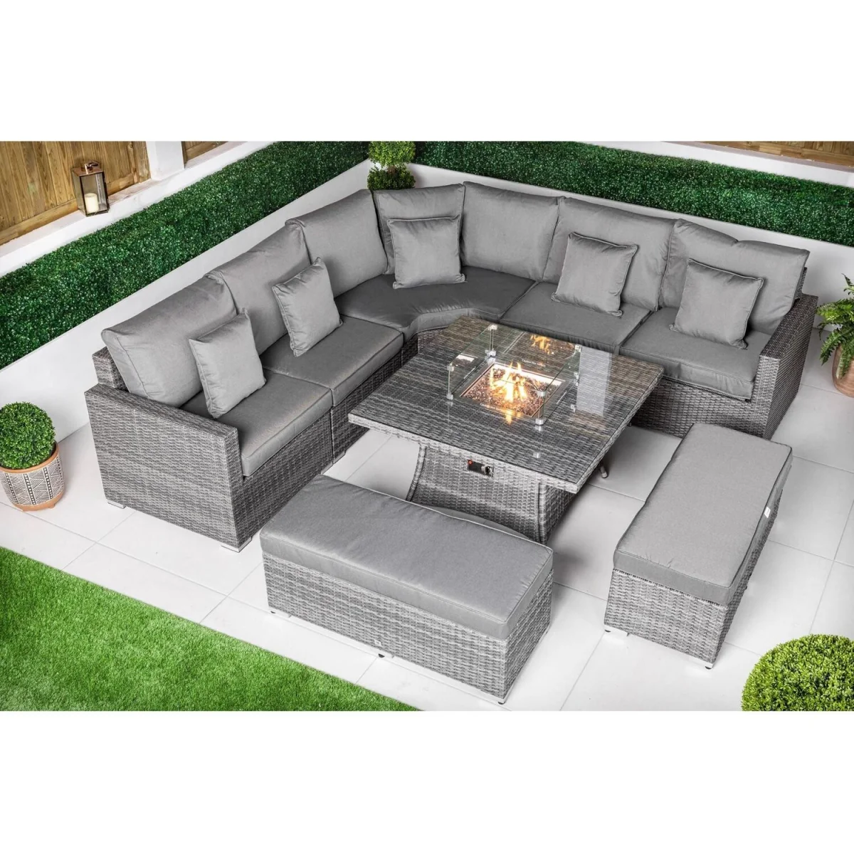 Santorini Corner Sofa Rattan Garden Furniture Set Fire Pit Table Bench - Grey – image 8