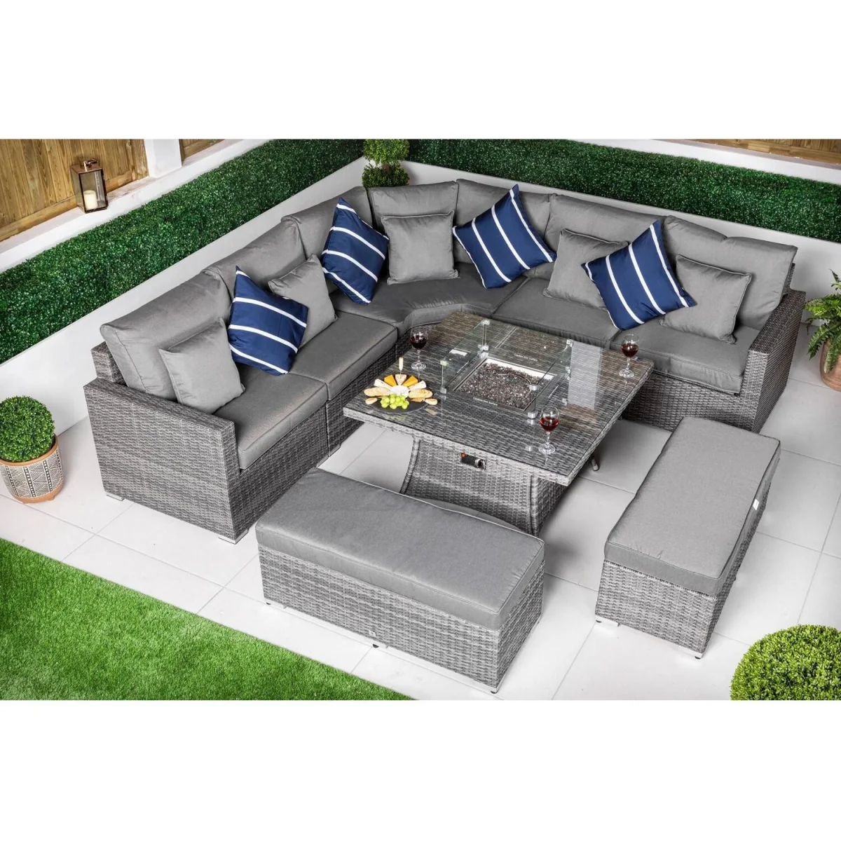 Santorini Corner Sofa Rattan Garden Furniture Set Fire Pit Table Bench - Grey – image 9