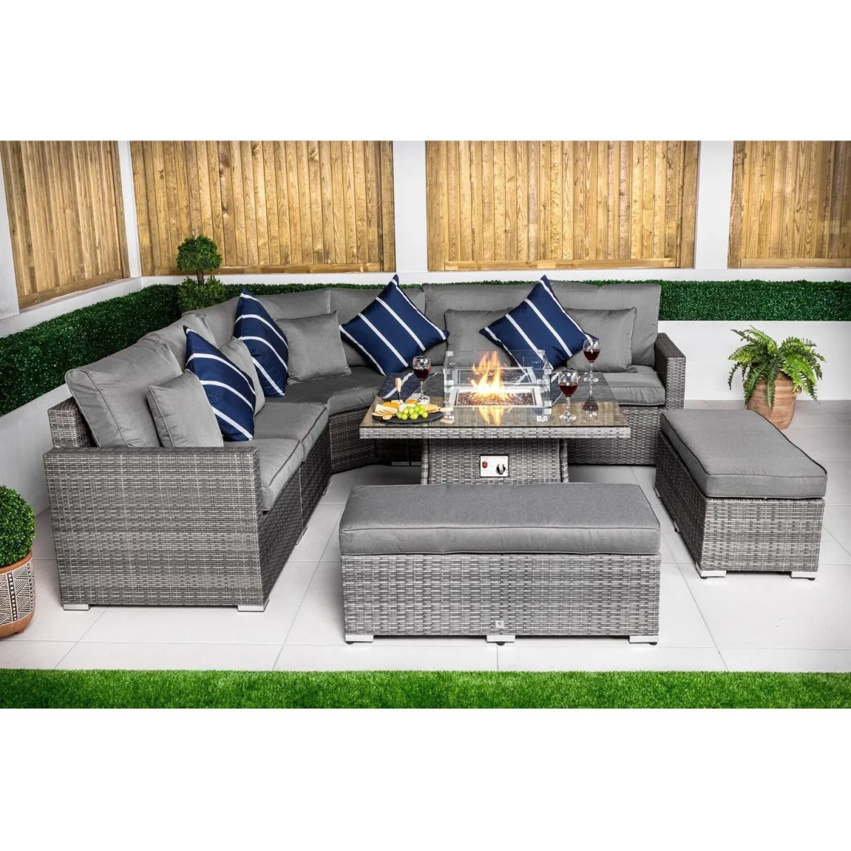 Santorini Corner Sofa Rattan Garden Furniture Set Fire Pit Table Bench - Grey – image 10
