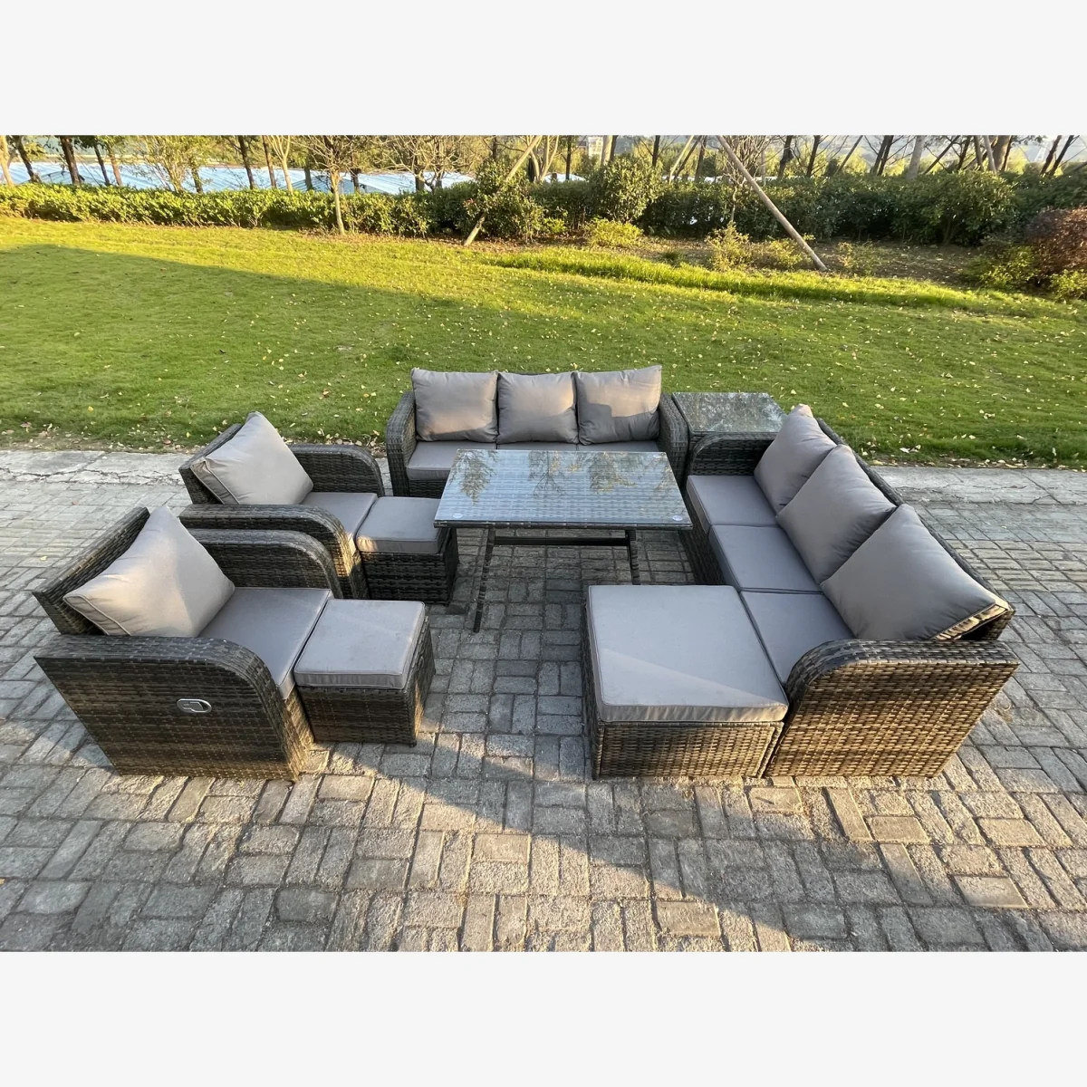Fimous 11-Seater Rattan Outdoor Sofa & Dining Set, Dark Grey - Dark grey mixed rattan with dark grey fabric – image 1