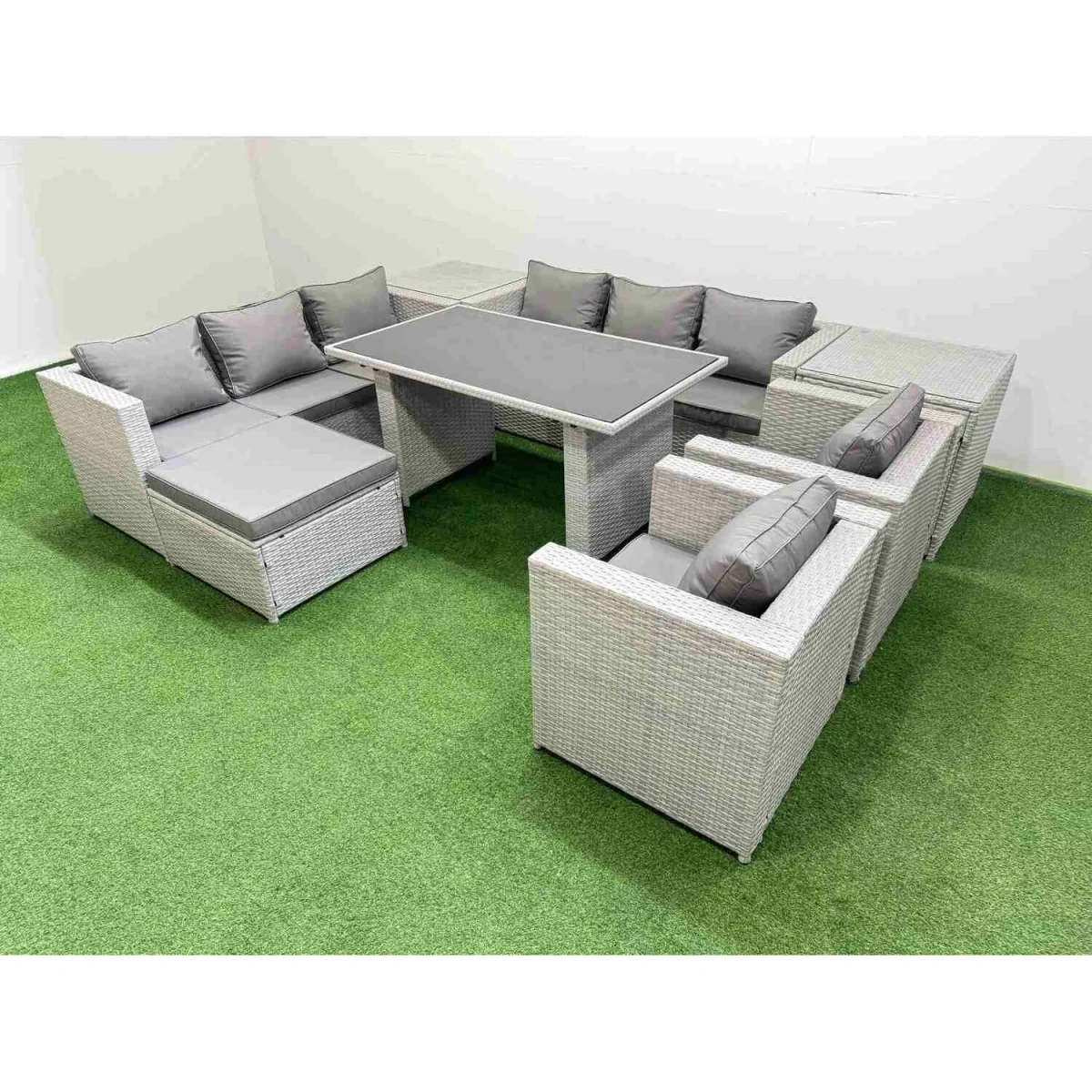 Fimous 9 Seater PE Rattan Outdoor Wicker Sofa and Dining Set with Tempered Glass Table, Light Grey. - Light Grey – image 5