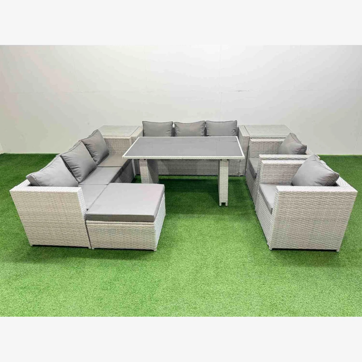 Fimous 9 Seater PE Rattan Outdoor Wicker Sofa and Dining Set with Tempered Glass Table, Light Grey. - Light Grey – image 1