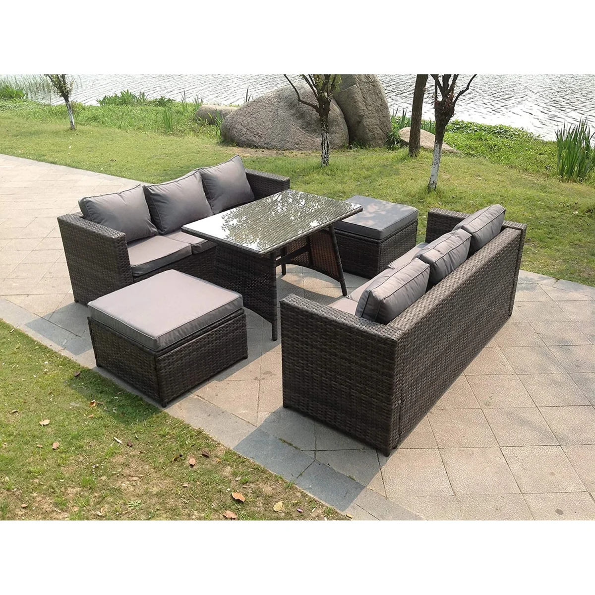 8 Seater Rattan Sofa Dining Table Outdoor Garden Furniture - Dark Grey Mixed – image 2