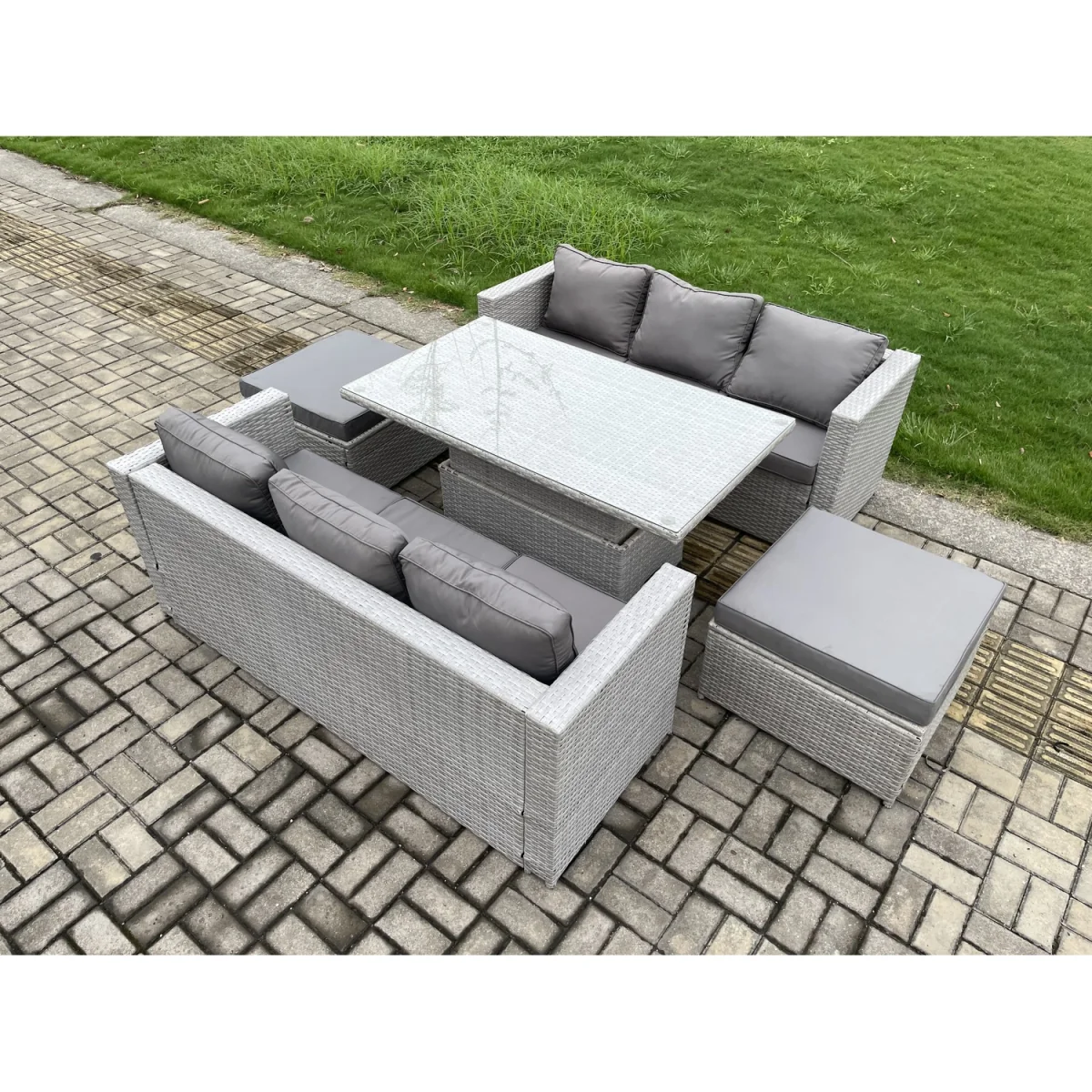 Fimous PE Rattan Outdoor Sofa Dining Set with Adjustable Table and 2 Stools - light Grey Mixed – image 3