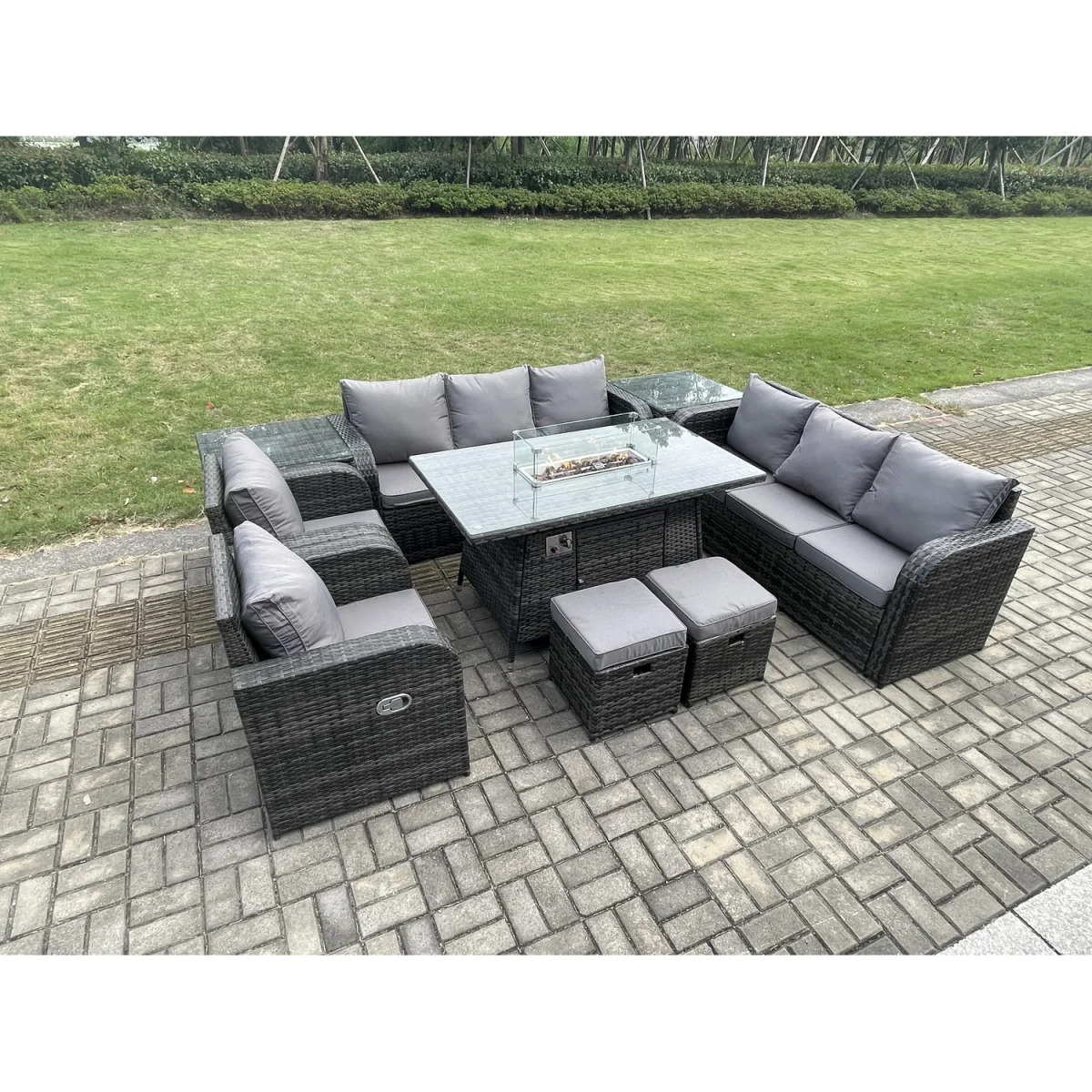 Fimous Rattan Garden Set with Gas Fire Pit, 2 Sofas, 2 Chairs, 2 Footstools - Dark Grey – image 2