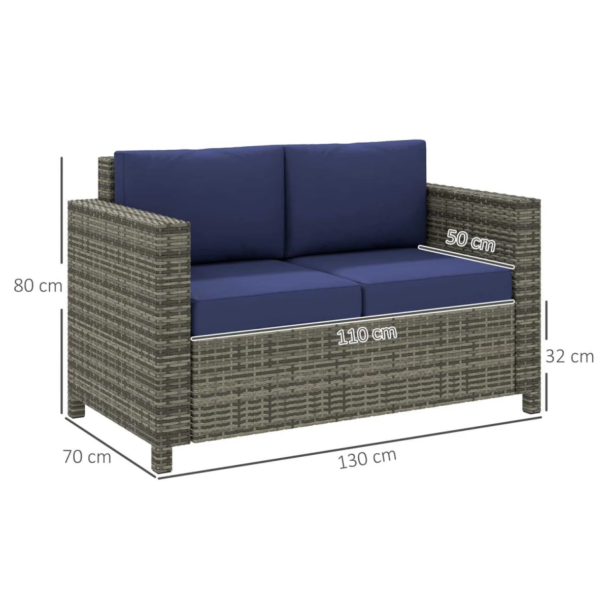 Vata Rattan Navy Blue 2-Seater Outdoor Sofa with Armrests – image 4