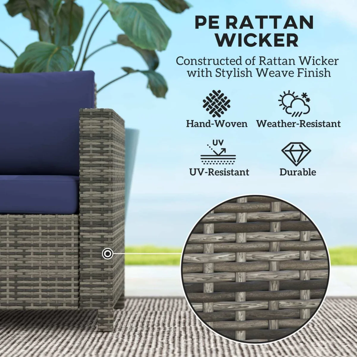 Vata Rattan Navy Blue 2-Seater Outdoor Sofa with Armrests – image 5