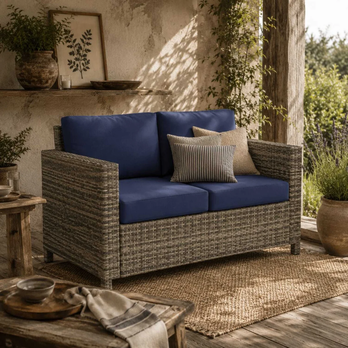 Vata Rattan Navy Blue 2-Seater Outdoor Sofa with Armrests – image 1