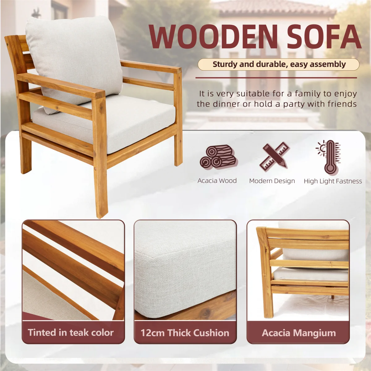 Abrihome Acacia Wood Outdoor Furniture Modular Sofas Tables Olifen Fabric - Teak color / 2 / 73cm / 36kg – image 2