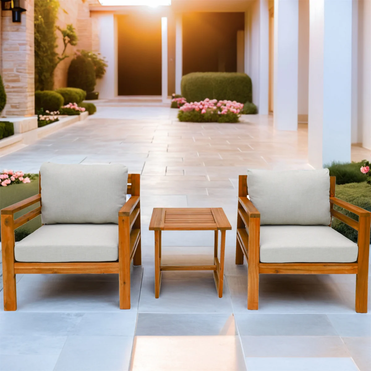 Abrihome Acacia Wood Outdoor Furniture Modular Sofas Tables Olifen Fabric - Teak color / 2 / 73cm / 36kg – image 3