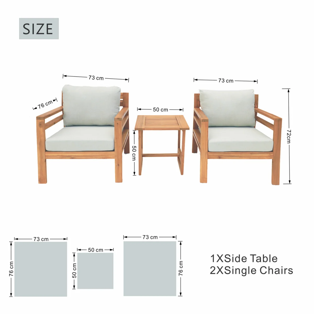 Abrihome Acacia Wood Outdoor Furniture Modular Sofas Tables Olifen Fabric - Teak color / 2 / 73cm / 36kg – image 6