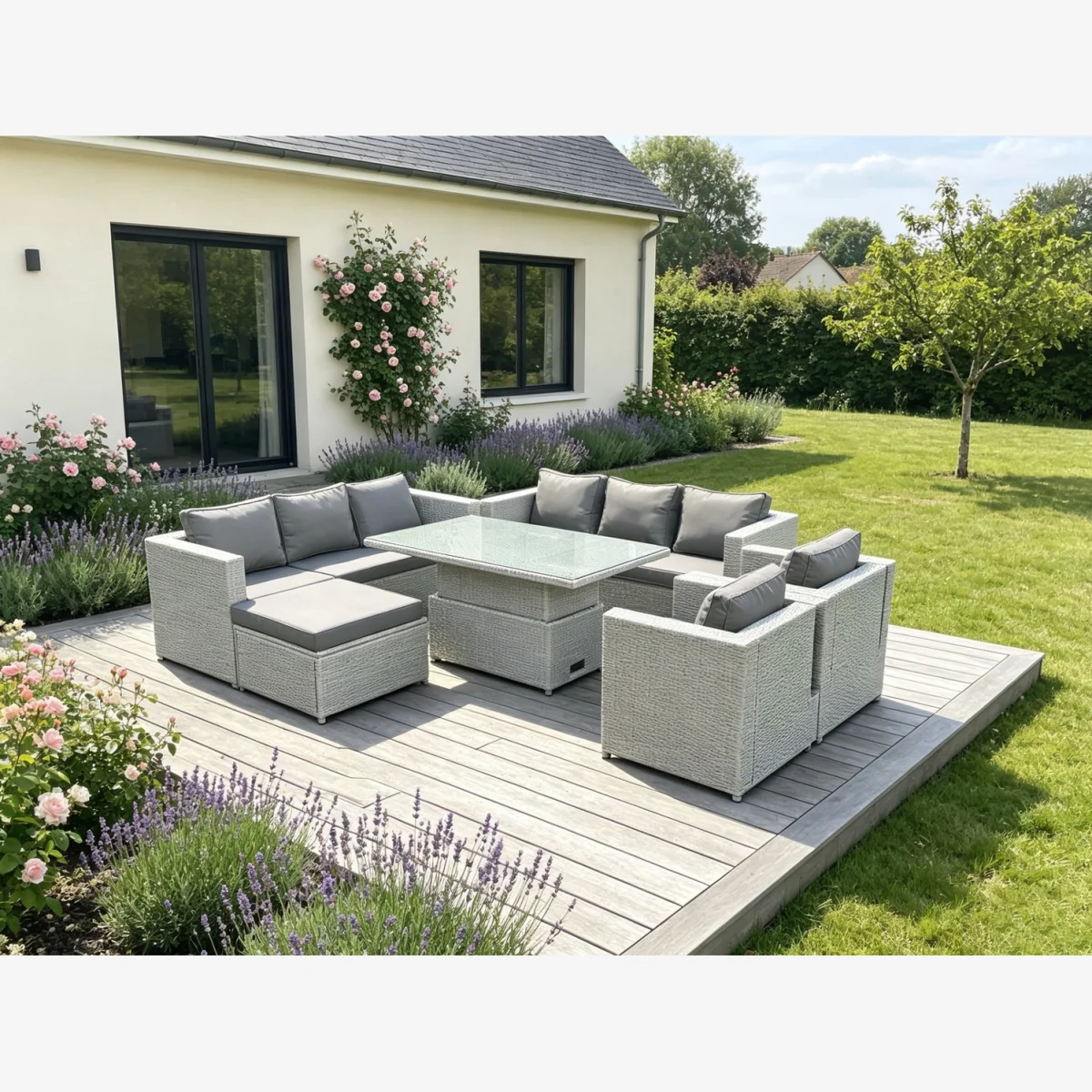 Rattan Garden Funiture Set Height Lounge Sofa 2 Arm Chair Footstool - Light Grey Mixed – image 1