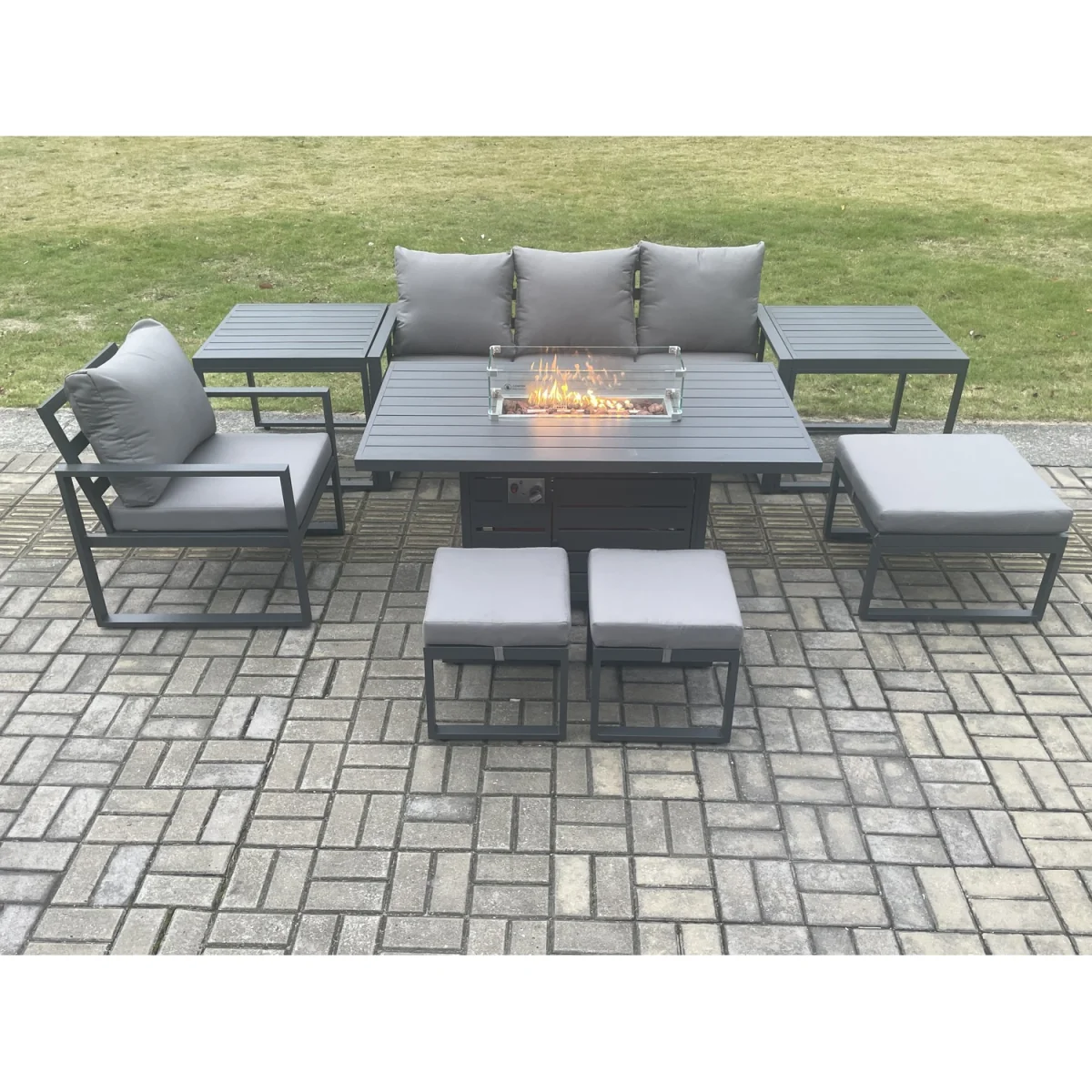 Fimous Aluminium 8-Piece Outdoor Sofa & Dining Set with Gas Fire Pit and Cushions Dark Grey - Dark Grey – image 5
