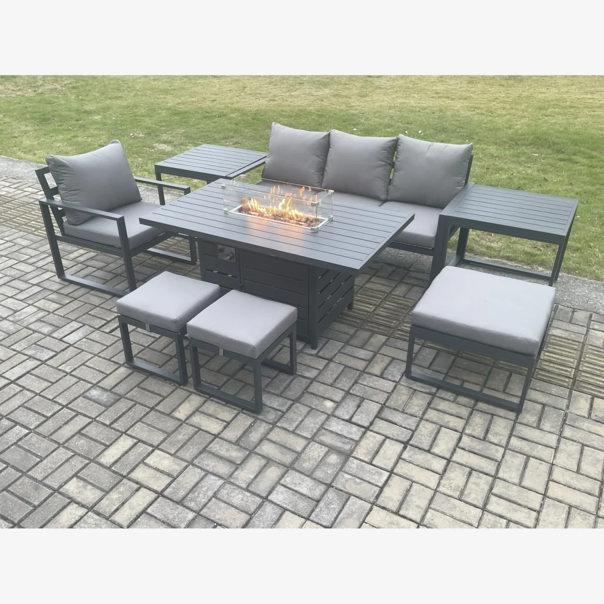 Fimous Aluminium 8-Piece Outdoor Sofa & Dining Set with Gas Fire Pit and Cushions Dark Grey - Dark Grey – image 1