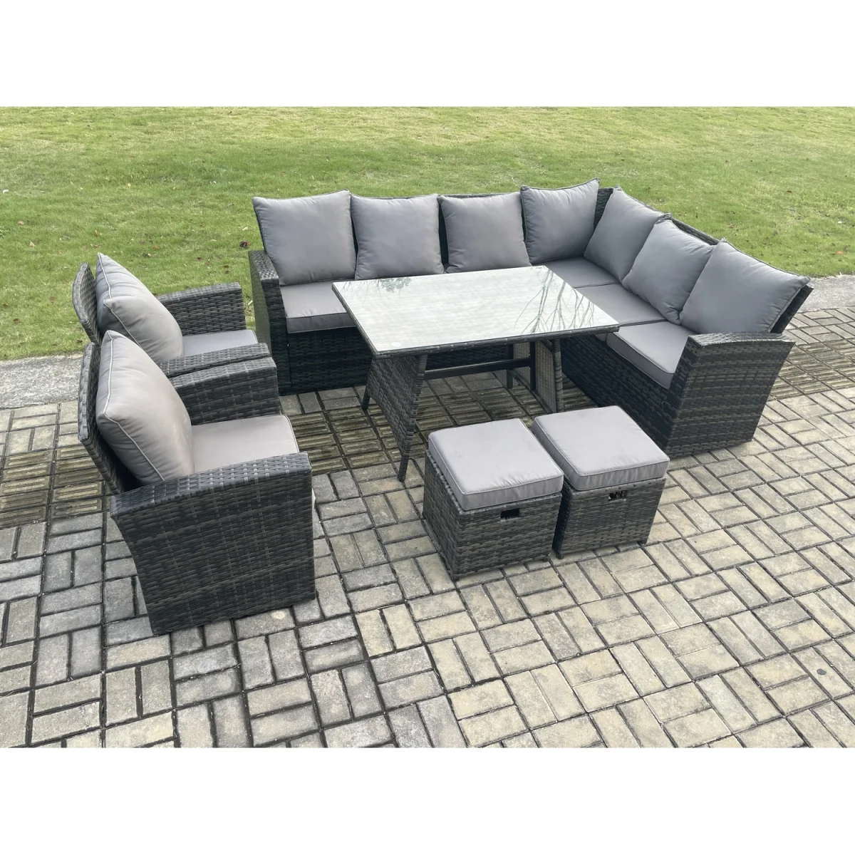 Fimous High-Back 10-Seater Outdoor Rattan Corner Sofa and Dining Set, Dark Grey Mixed. - Dark grey mixed rattan with dark grey fabric – image 5