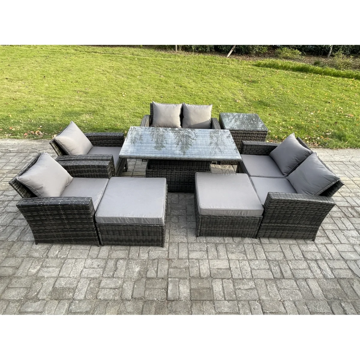 Fimous 8-Piece Outdoor Garden Rattan Sofa and Rising Dining Table Set, Dark Grey Mixed. - Dark grey mixed rattan with dark grey fabric – image 2