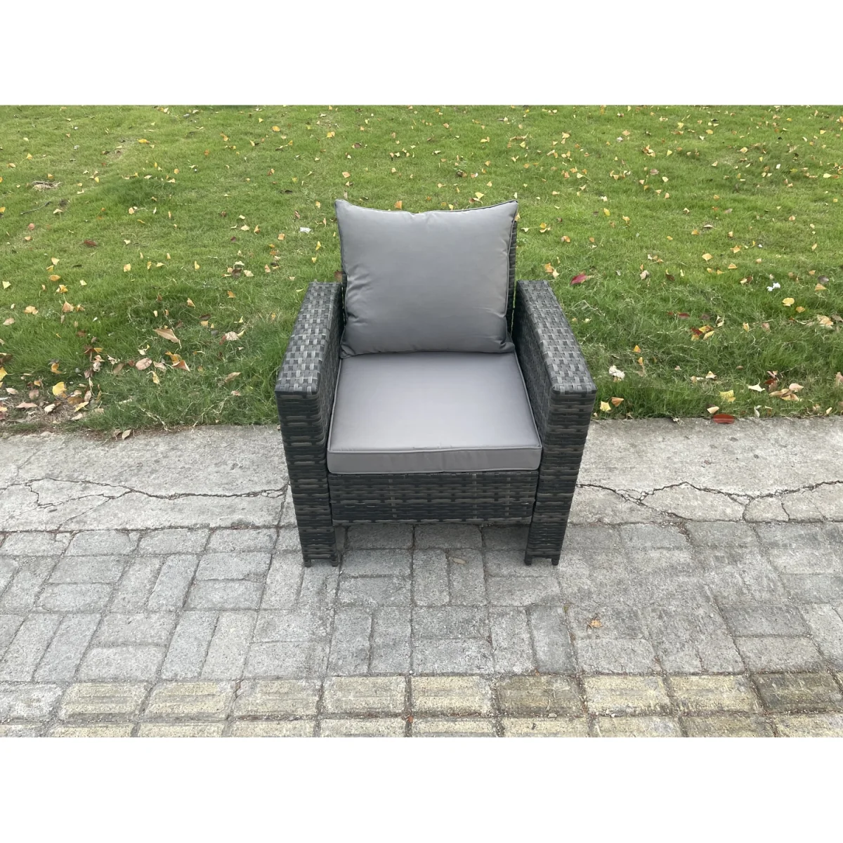 Fimous 8-Piece Outdoor Garden Rattan Sofa and Rising Dining Table Set, Dark Grey Mixed. - Dark grey mixed rattan with dark grey fabric – image 3