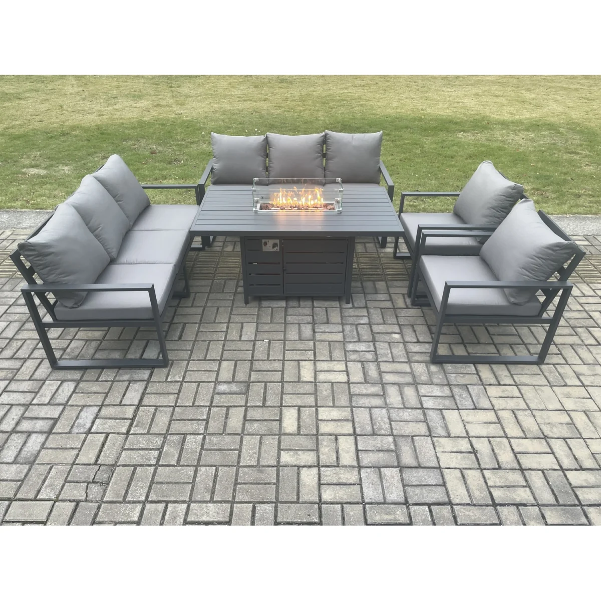 Fimous Aluminium 8-Seater Garden Sofa Dining Set with Gas Fire Pit and Cushions Dark Grey - Dark Grey – image 4