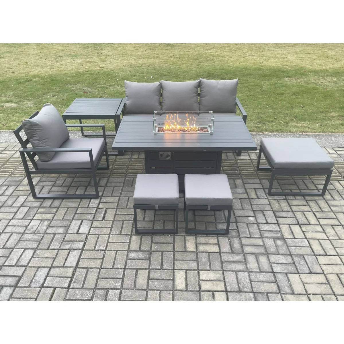 Fimous Aluminium 7-Piece Garden Sofa & Dining Set with Gas Fire Pit Dark Grey - Dark Grey – image 2
