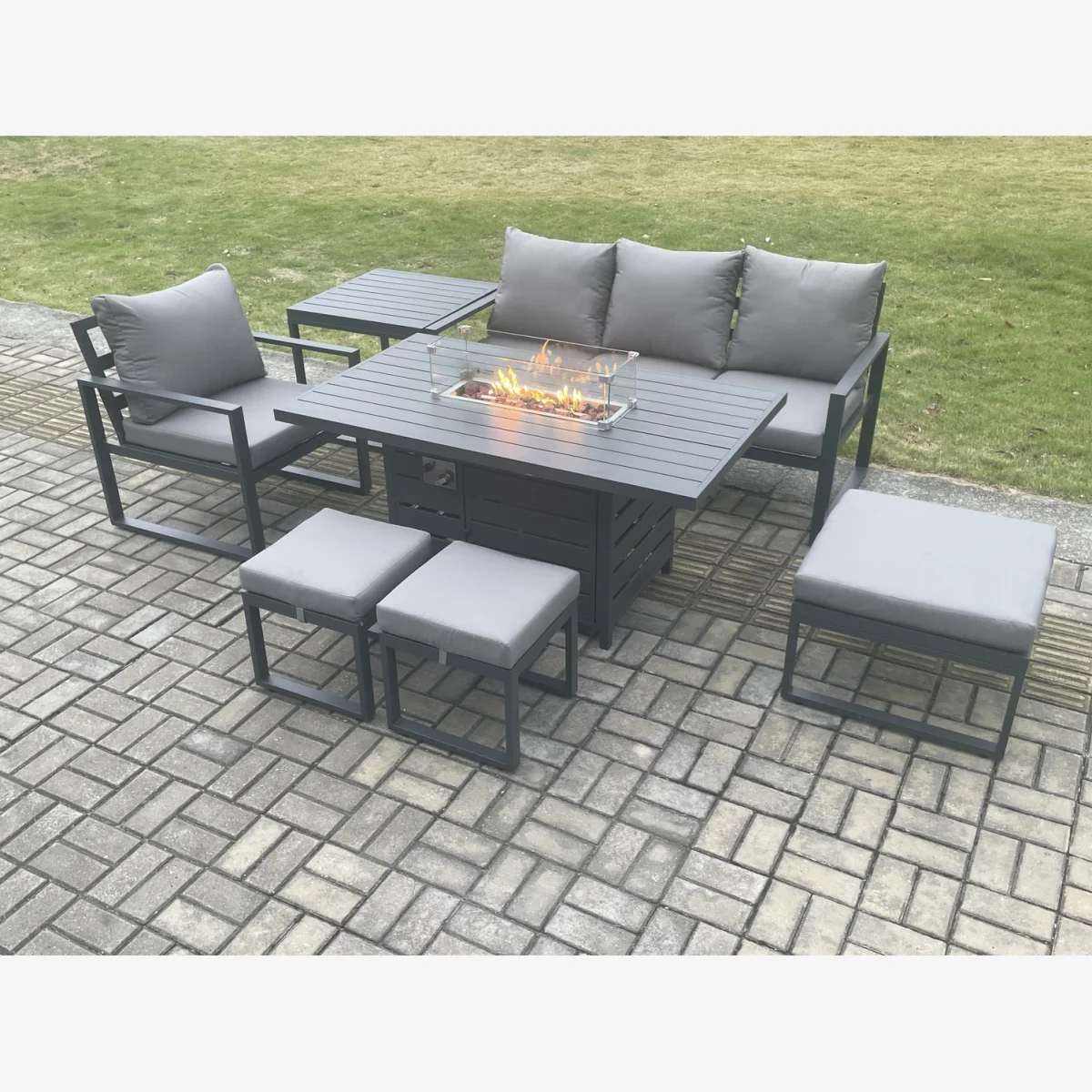 Fimous Aluminium 7-Piece Garden Sofa & Dining Set with Gas Fire Pit Dark Grey - Dark Grey – image 1